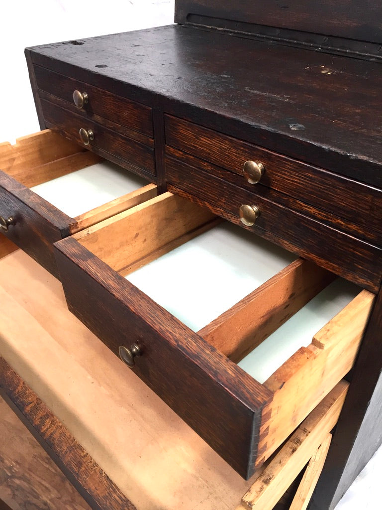 Antique Tabletop Wooden Tool Chest / Collectors Drawers Storage Box c.1900