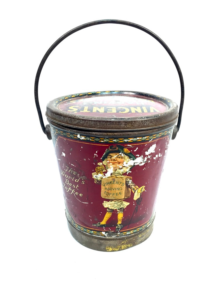 Antique Advertising 1920s Vincents Harvino Dainty Pieces Toffee Tin Bucket Shape