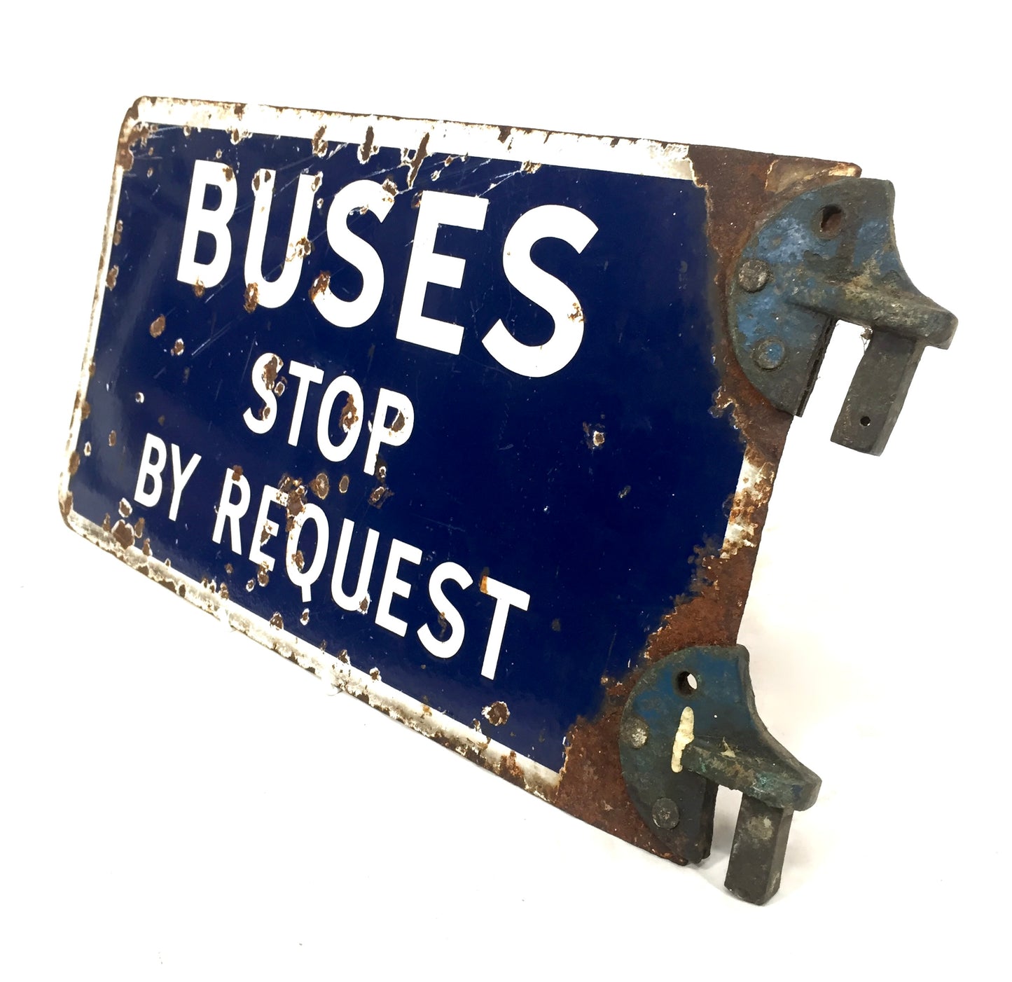 Antique Double Sided Blue & White Enamel Bus Stop Sign Busses Stop By Request