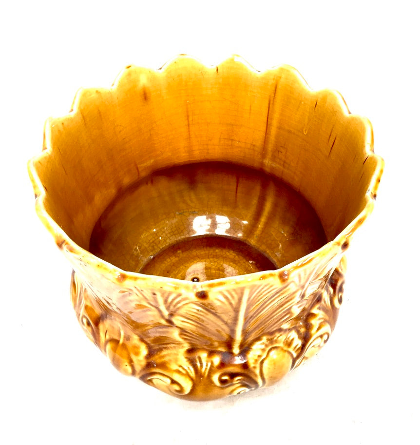 Antique Mustard Yellow Pottery Majolica Jardiniere Planter Indoor Plant Pot 1930