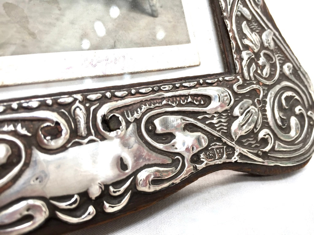 Antique Edwardian Wooden & Sterling Silver Photo Frame Art Nouveau Chester c1905