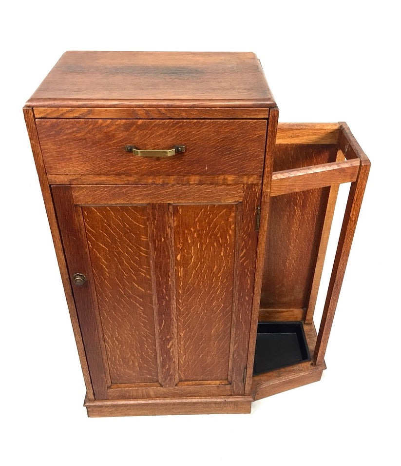 Antique 1920s Art Deco Entrance Hall Oak Wooden Umbrella Stand Storage Cabinet