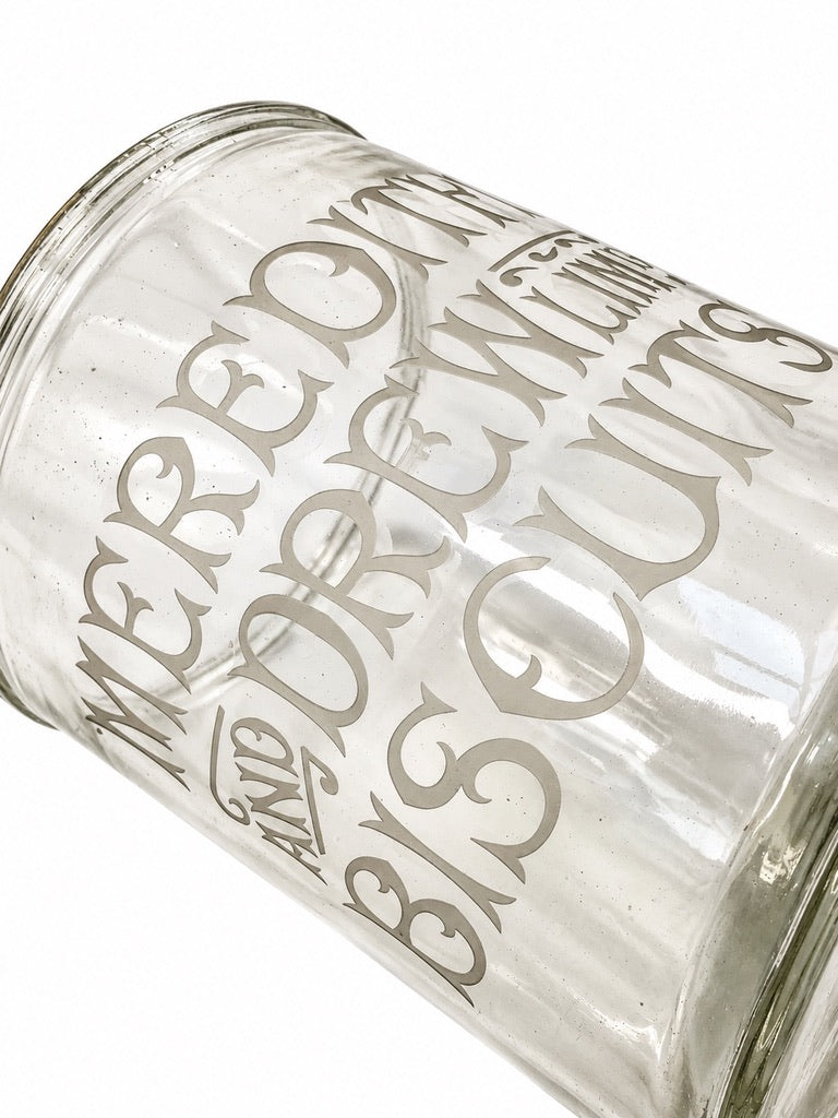 Antique Advertising - Shop Display Glass Meredith & Dew Biscuit Jar with Lid