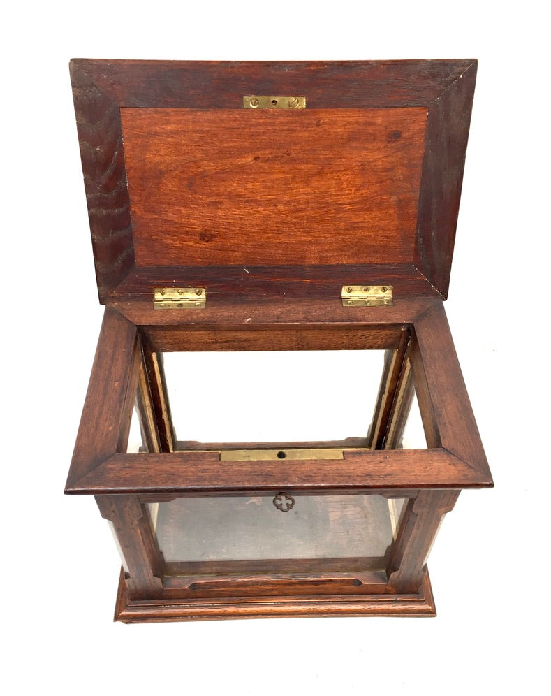 Antique Wooden Oak & Glass Display Box Cabinet / Checkerboard Inlaid Top c.1930