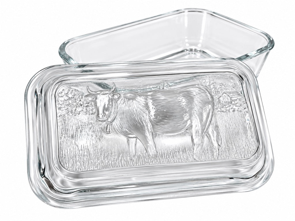 Vintage Kitchenalia - Glass Butter Dish & Lid Featuring Embossed Cow Design