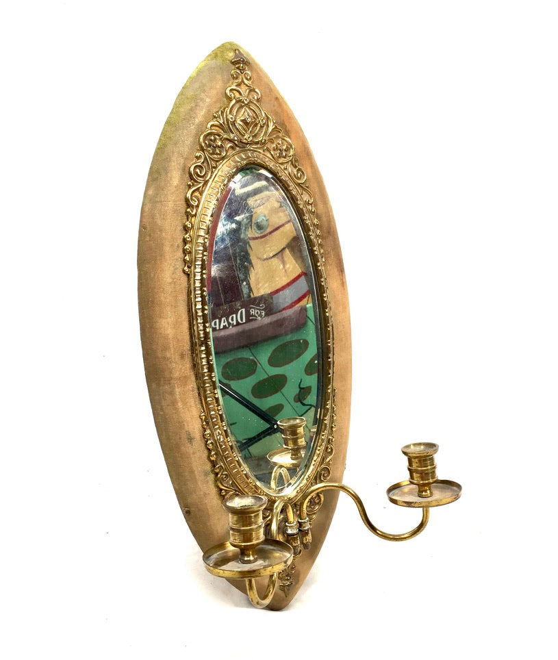Antique Brass & Fabric Wall Mounted Mirror / Double Candle Holder Sconce c.1900