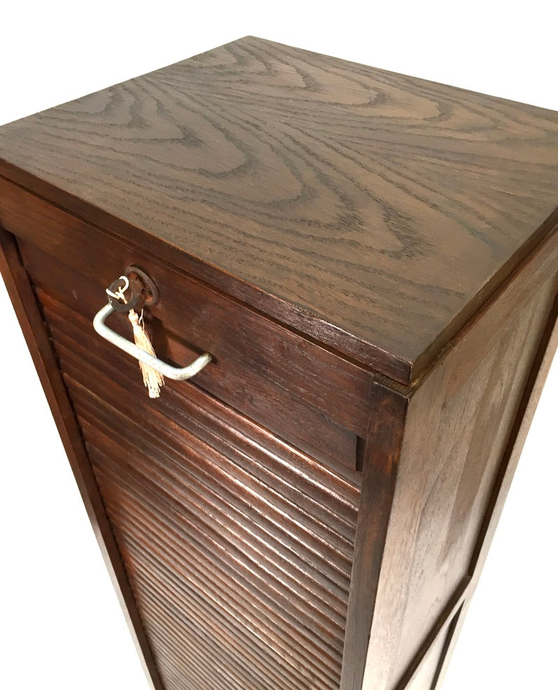Antique 1950s Wooden Oak Tambour Fronted Office Paper Filing Cabinet with Key