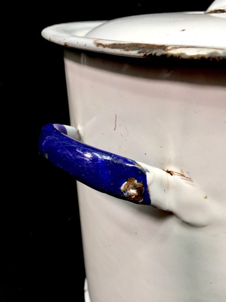 Antique Kitchenalia White & Blue Large Enamel Flour Bin & Lid Storage Box c.1950