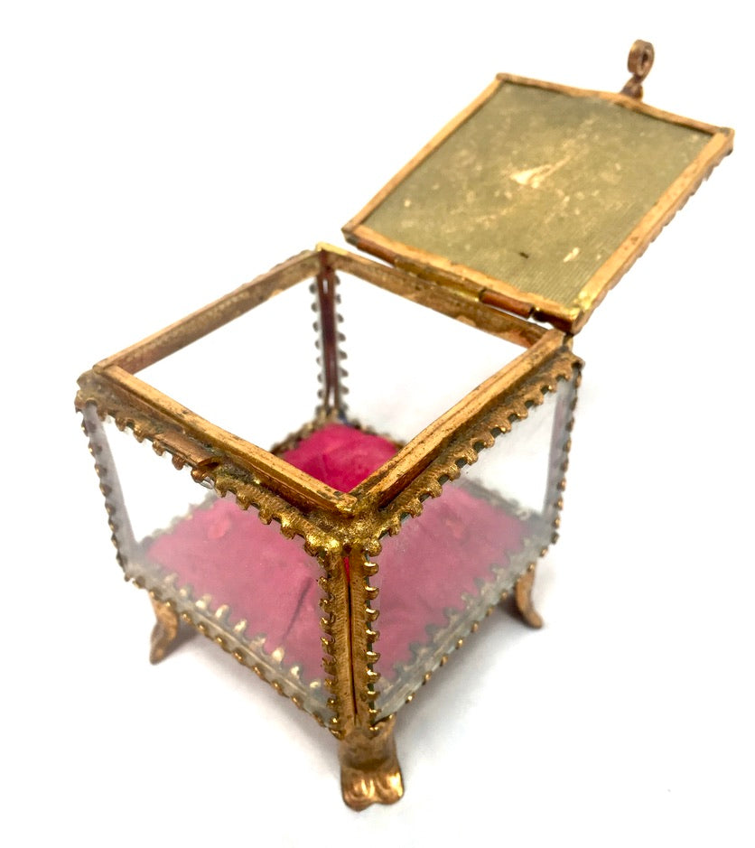 Antique Brussels Souvenir Miniature Casket / Glass Ring Box / Jewellery Box