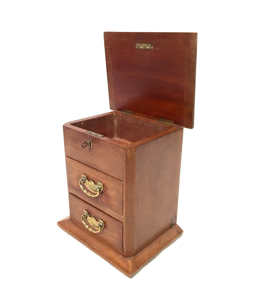 Antique Tabletop Wooden Chest of Drawers / Storage Box / Cabinet with Key