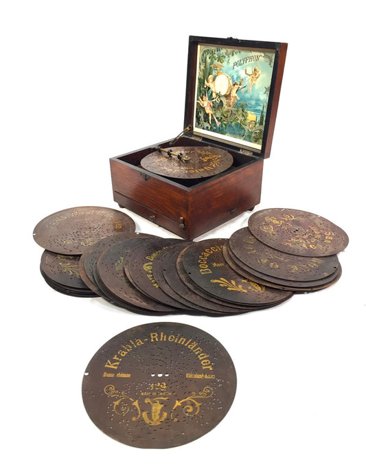 Antique Tabletop Wooden Walnut Cased Polyphon Music Box / Working Discs c.1901
