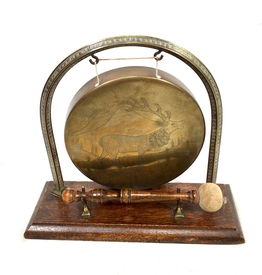 Vintage Tabletop Stag Design Brass Dinner Gong Oak Stand & Mallet Antique c.1950