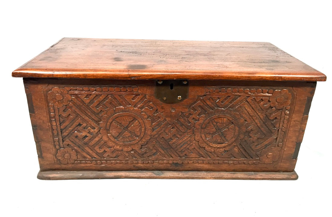 Antique Wooden Carved Blanket Box / Coffer Storage Chest Trunk c.1900