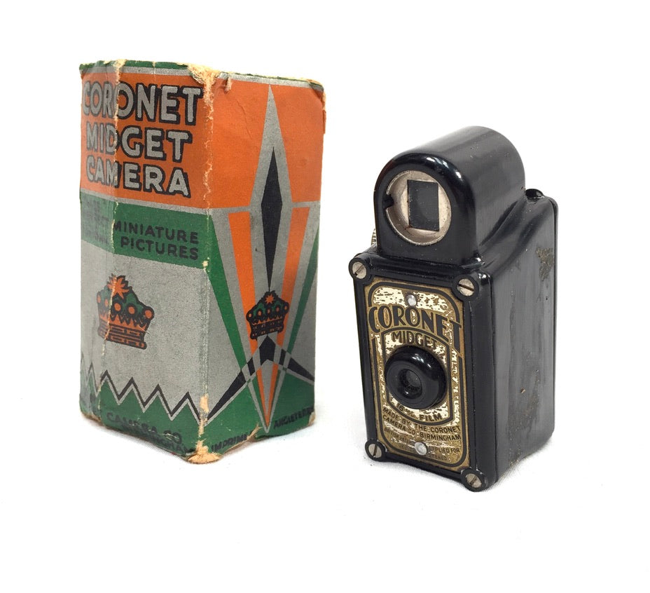 Antique Art Deco Coronet Black Midget Subminiature Camera in Original Box c.1930