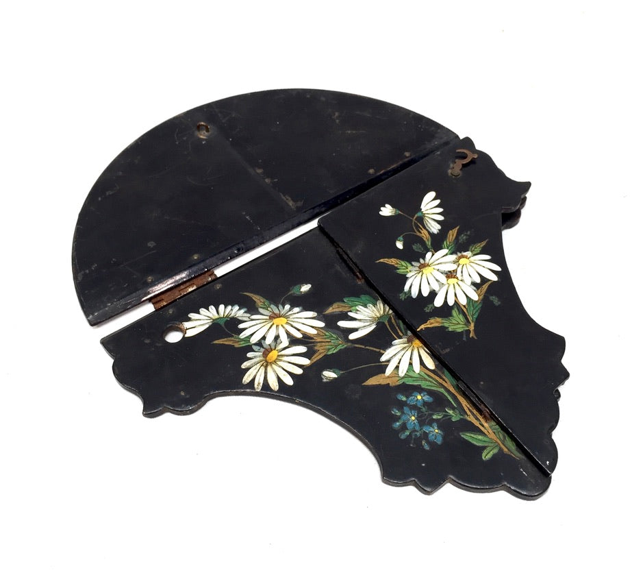 Antique Victorian Black Ebonised Wooden Hand Painted Folding Wall Shelf c.1900