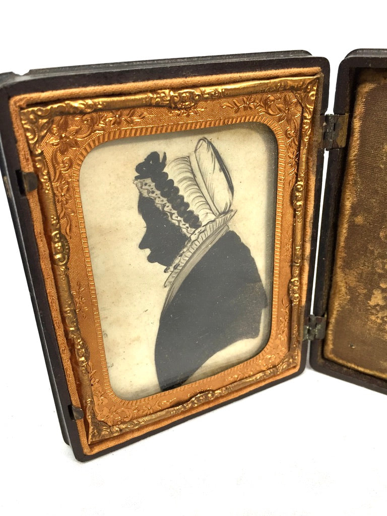 Antique Victorian Ambrotype Silhouette Portrait Wooden Carved Travel Case c.1850