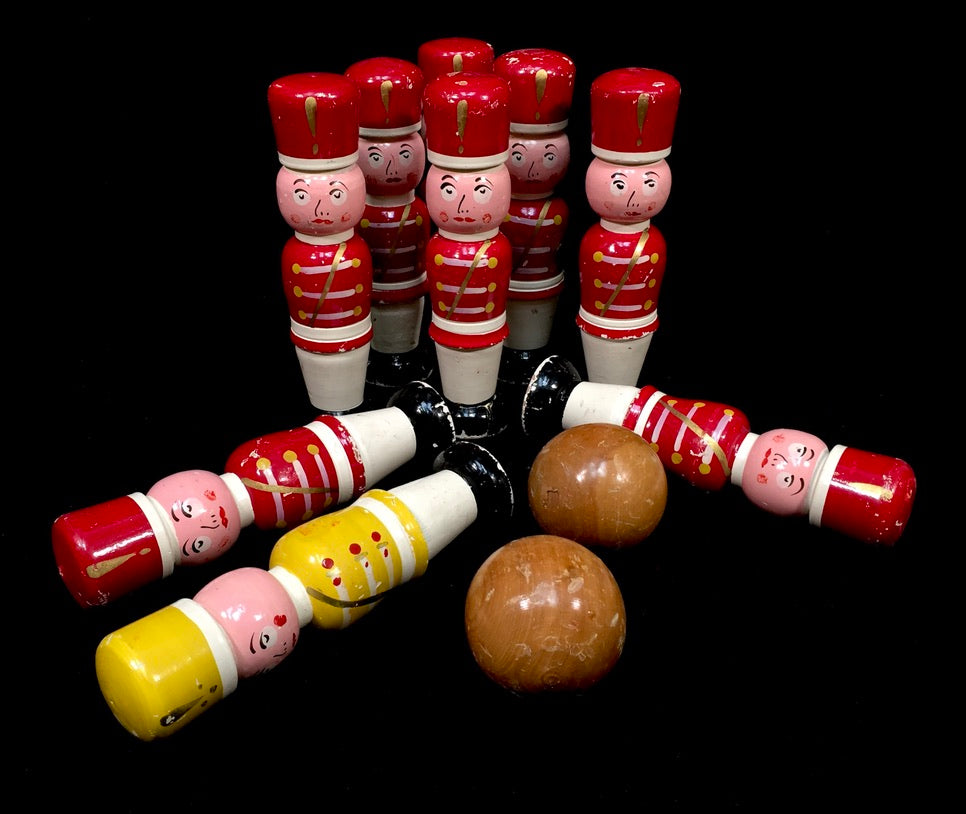 Antique Complete Set French Hand Painted Wooden Soldier Bowling Skittles & Balls