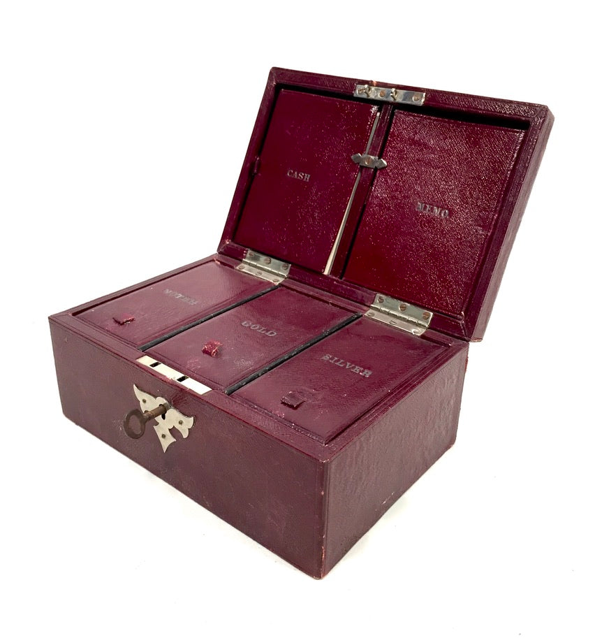 Antique Edwardian Leather Tabletop Cash Box / Jewellery Cabinet with Key c.1910
