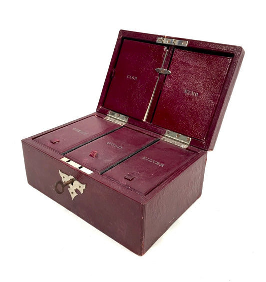Antique Edwardian Leather Tabletop Cash Box / Jewellery Cabinet with Key c.1910