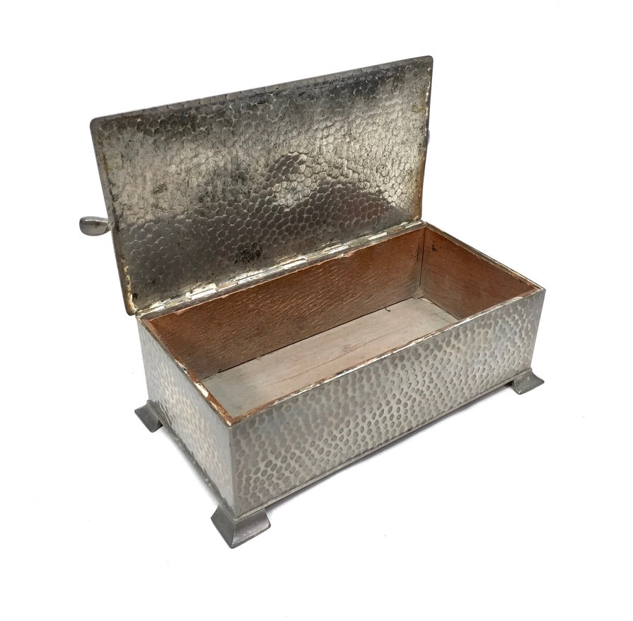 Antique English Pewter Art Deco Cigar Box Golf Ball & Clubs c.1930 Wood Lined