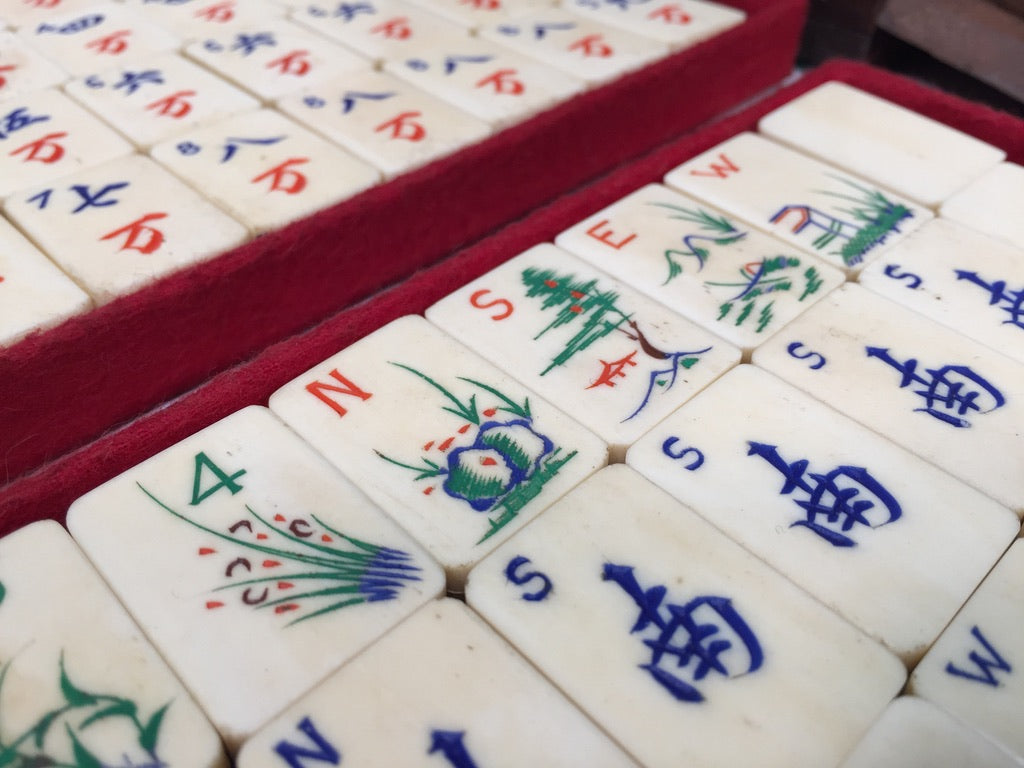 Antique Mahjong Game Carved Box / Bone & Bamboo Tiles / Mah Jong Game / Complete
