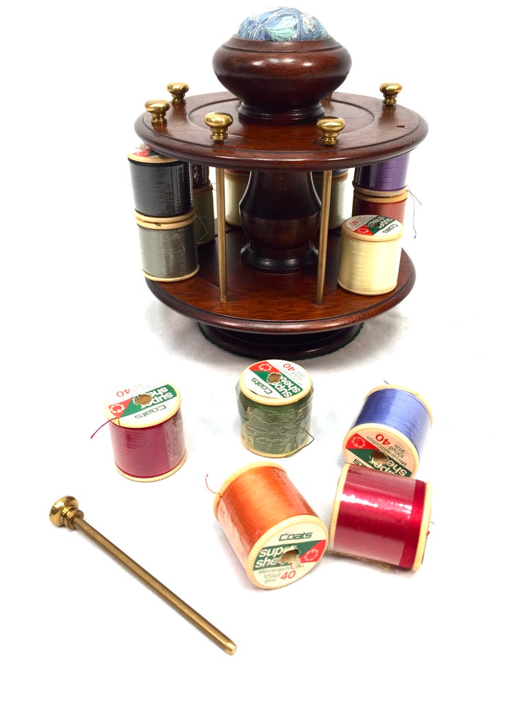 Vintage Mahogany Wood Tabletop Revolving Cotton Spool Reel Holder & Pin Cushion