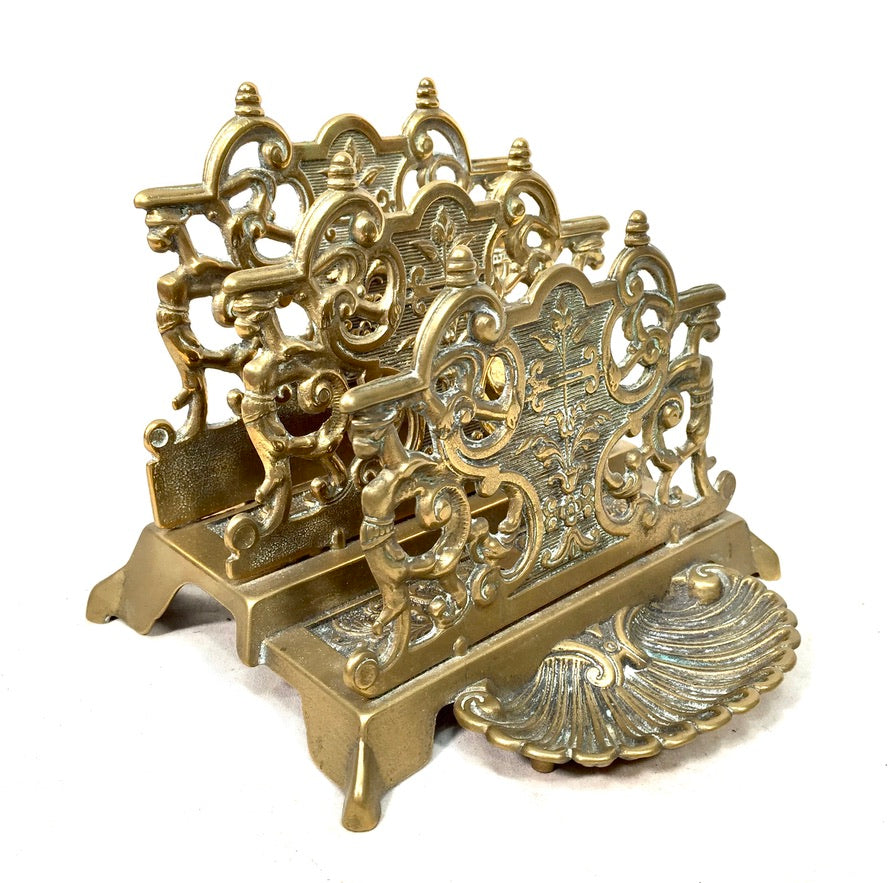 Antique Early 20th Century Ornate Brass Desktop Letter Holder Rack c.1930