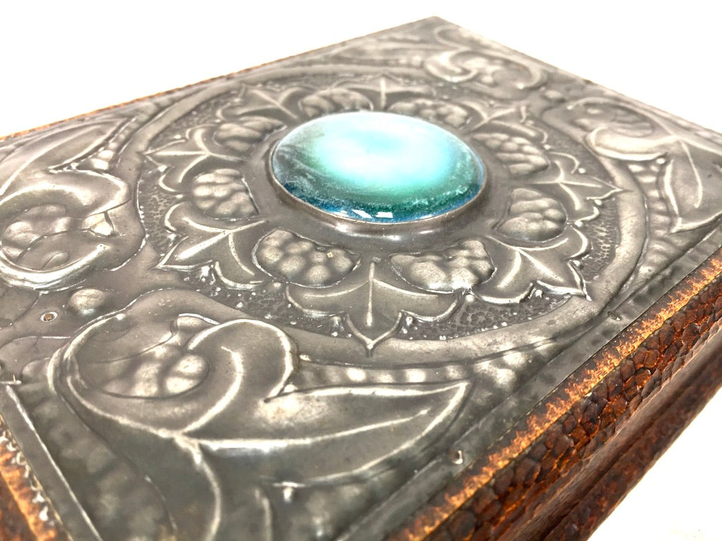 Antique Wood & Pewter Storage Box / Trinket Jewellery Box / Blue Cabochon c.1930