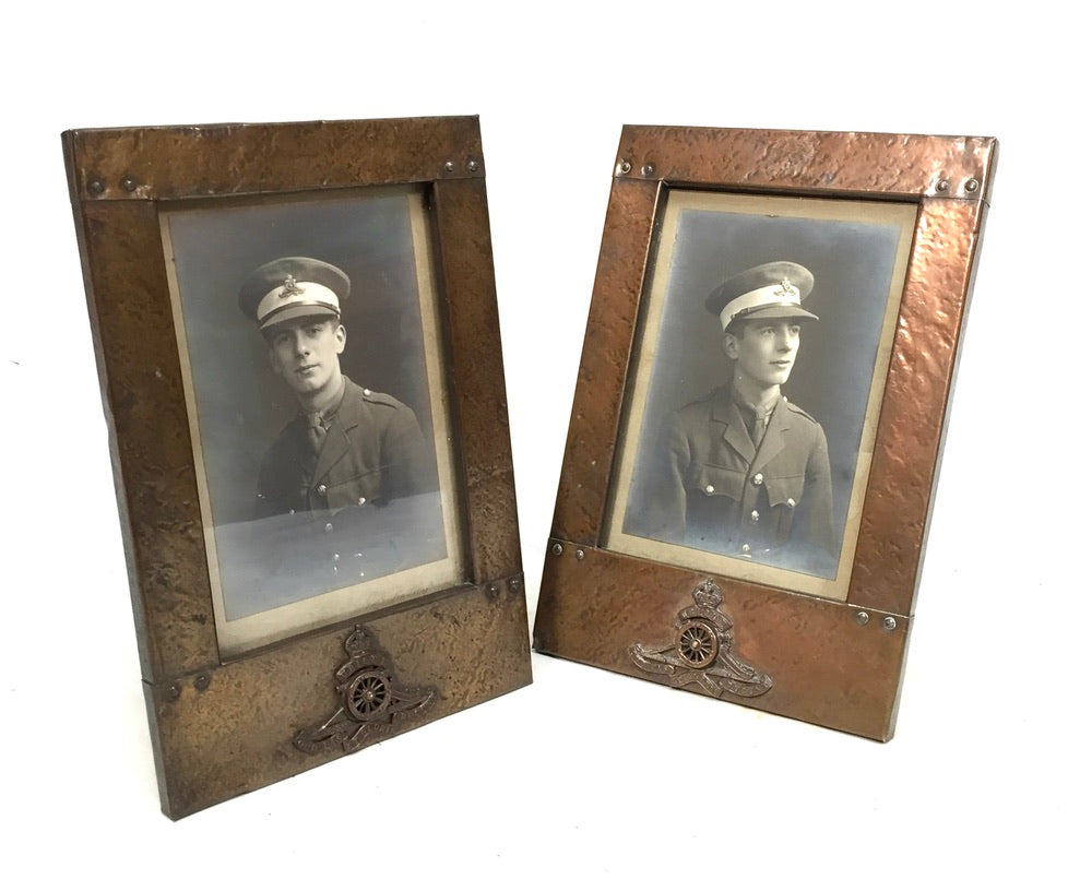 Antique Early 20th Century Pair of Copper Front & Wooden Military War Frames
