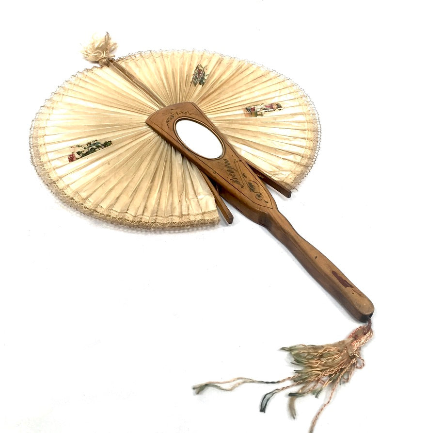 Antique Italian Sorrento Olive Wood & Paper Handheld Ladies Handbag Fan & Mirror
