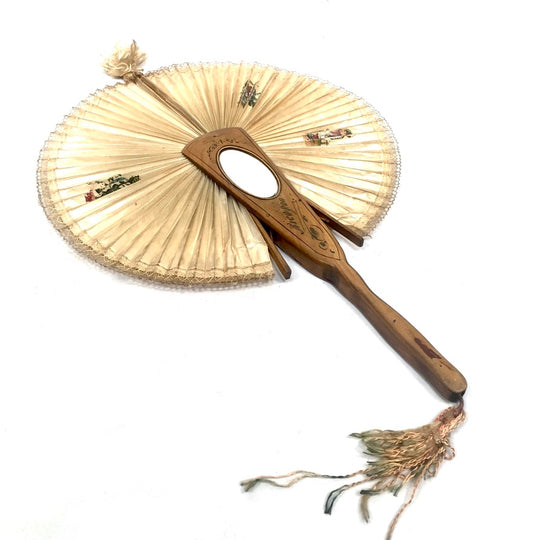 Antique Italian Sorrento Olive Wood & Paper Handheld Ladies Handbag Fan & Mirror