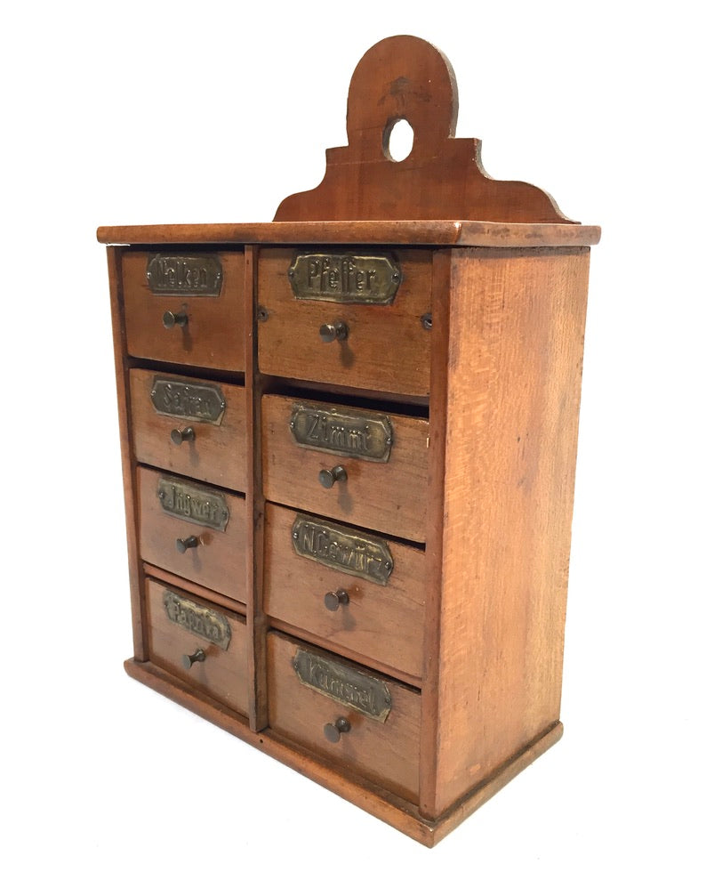 Antique Wooden Tabletop / Wall Hanging German Spice Box Drawers Storage Rack