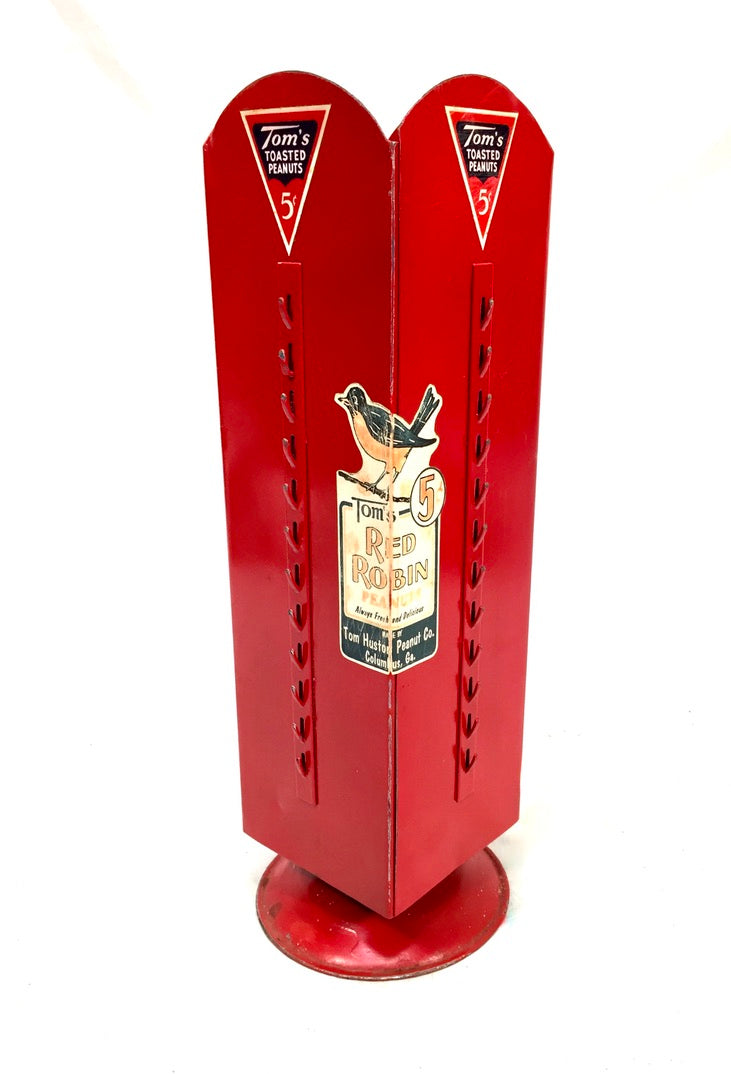 Antique Advertising 1930s Tom's Red Robin Peanuts Shop Counter Tin Display Rack