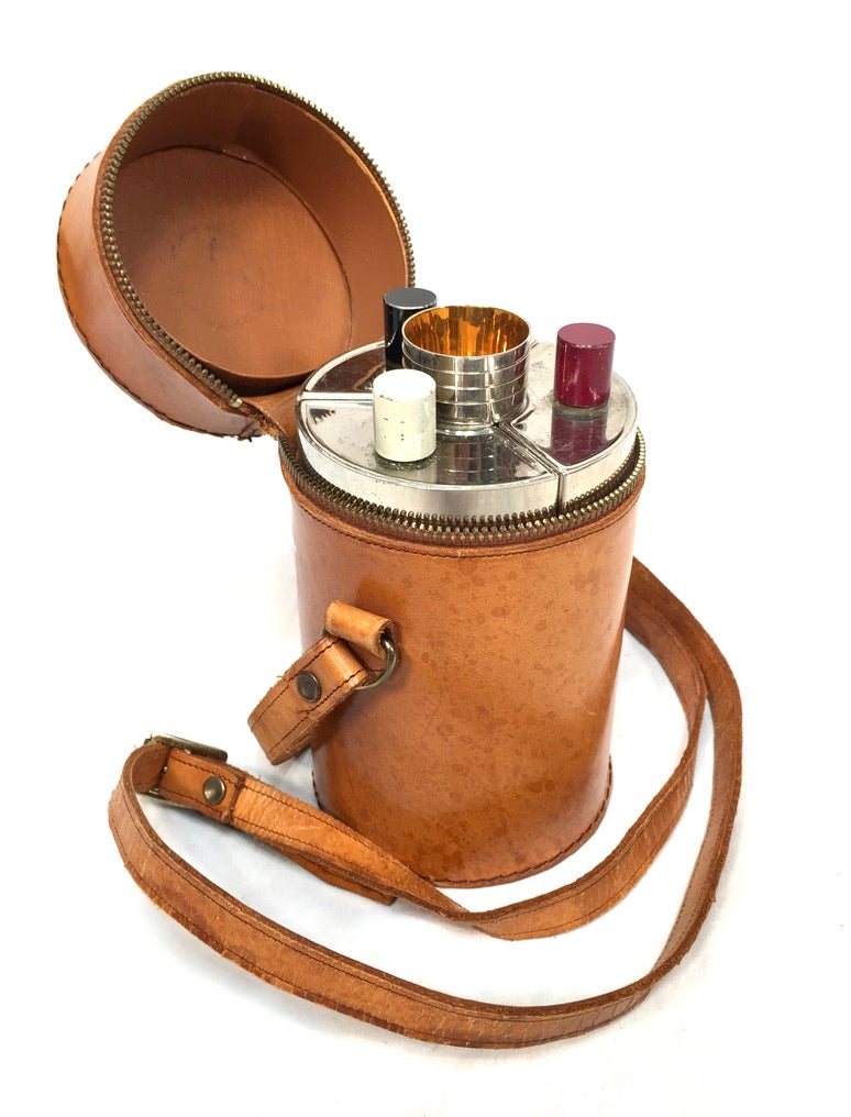 Antique Deco Metal Bottle Hip Flask Set in Original Leather Travel Case c.1930