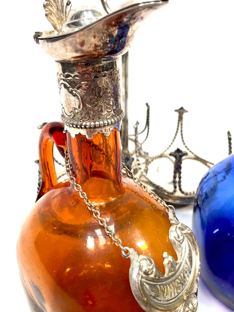 Antique Victorian Blue, Brown and Clear Glass Flagon Decanter Set Display Stand