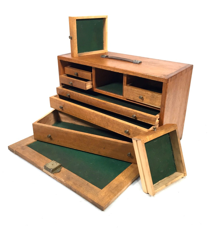Antique Wooden Oak Engineers Toolbox / Tool Box Collectors Cabinet & Key c.1950