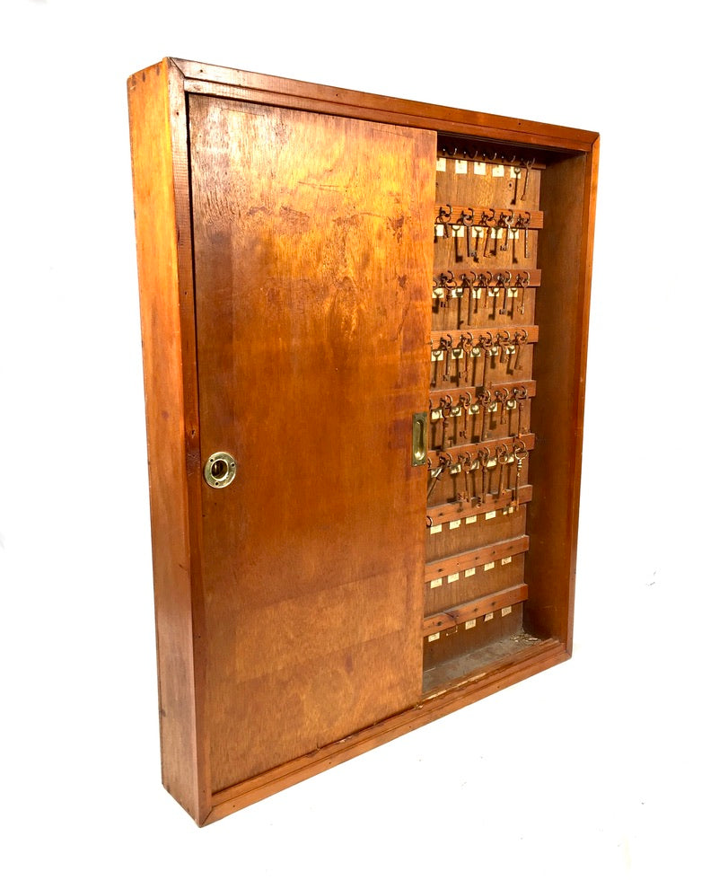 Antique 1930s Large Wall Hanging Wooden Hotel Key Storage Cabinet / Cupboard