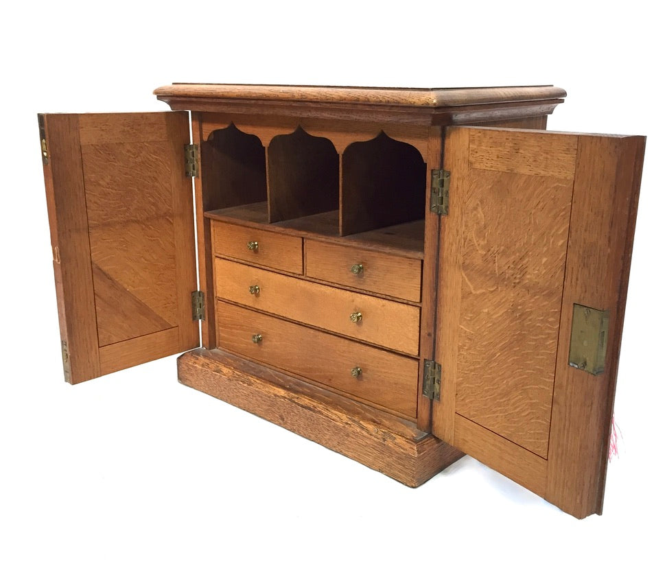 Antique Tabletop Oak Wooden Desk Stationery Box / Cabinet / Cupboard c.1920 Key