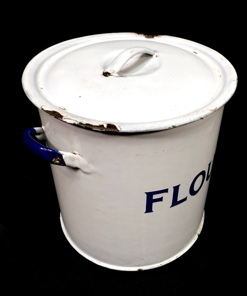 Antique Kitchenalia White & Blue Large Enamel Flour Bin & Lid Storage Box c.1950