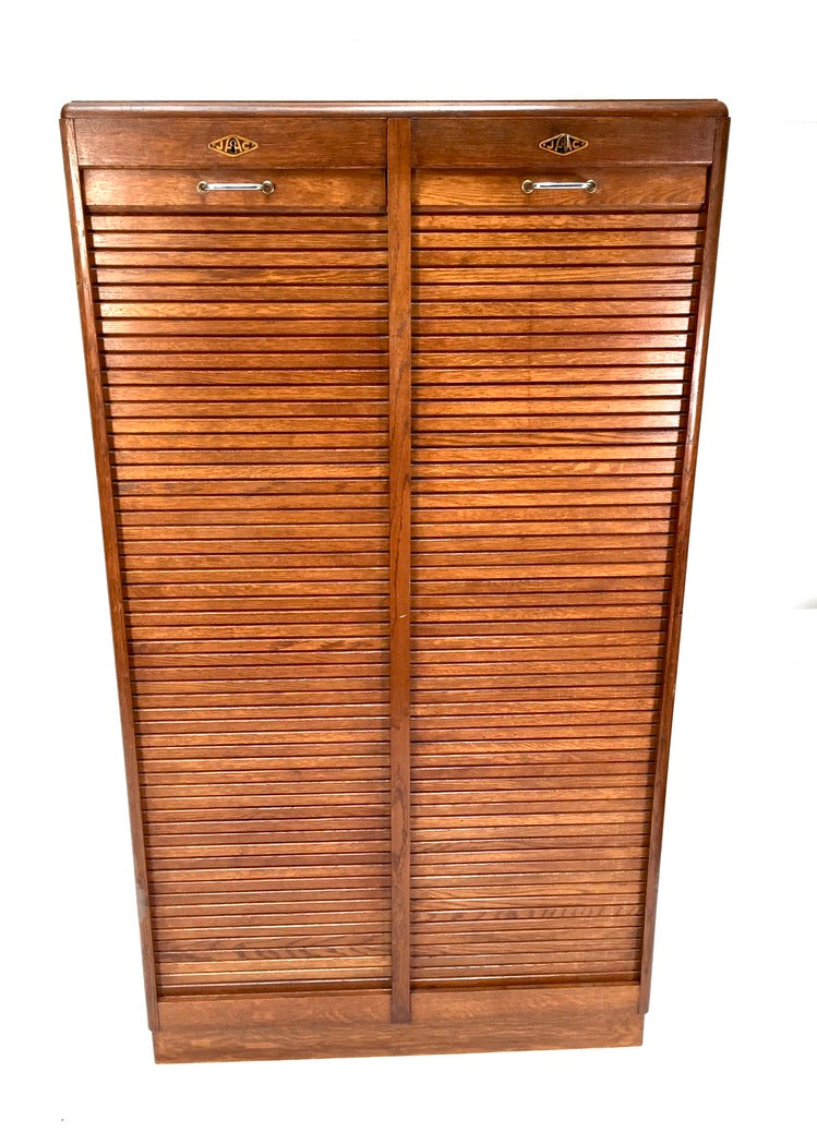 Antique 1930s Wood Oak Double Tambour Fronted Office Paper Filing Cabinet & Key
