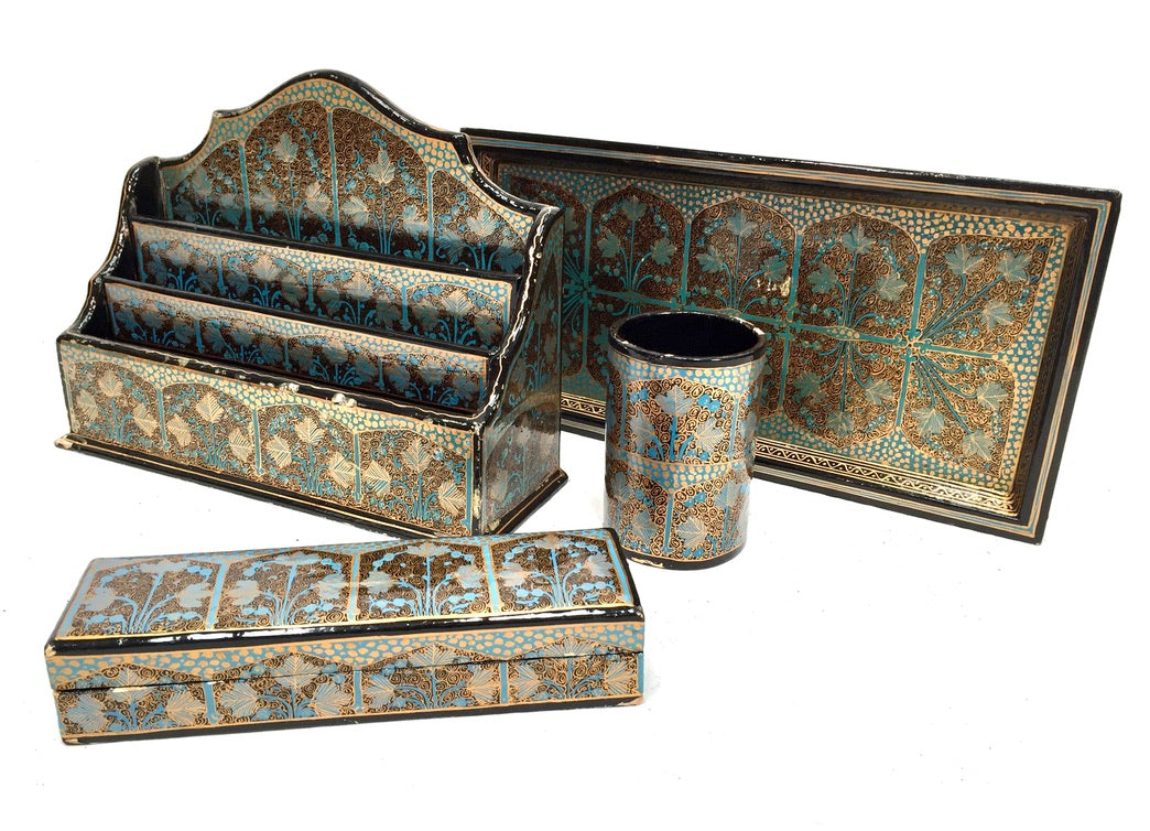 Vintage Wood 4 Piece Kashmir Desk Set Letter Rack / Stationery Tray / Pen Holder