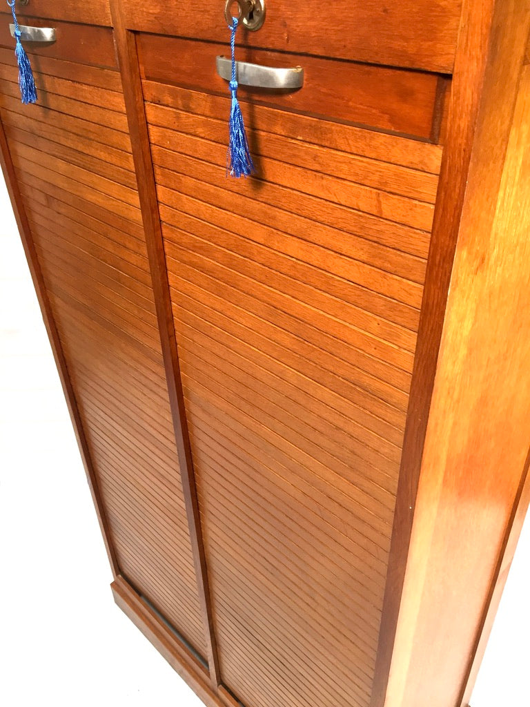 Antique 1950s Wood Oak Double Tambour Fronted Office Paper Filing Cabinet & Keys
