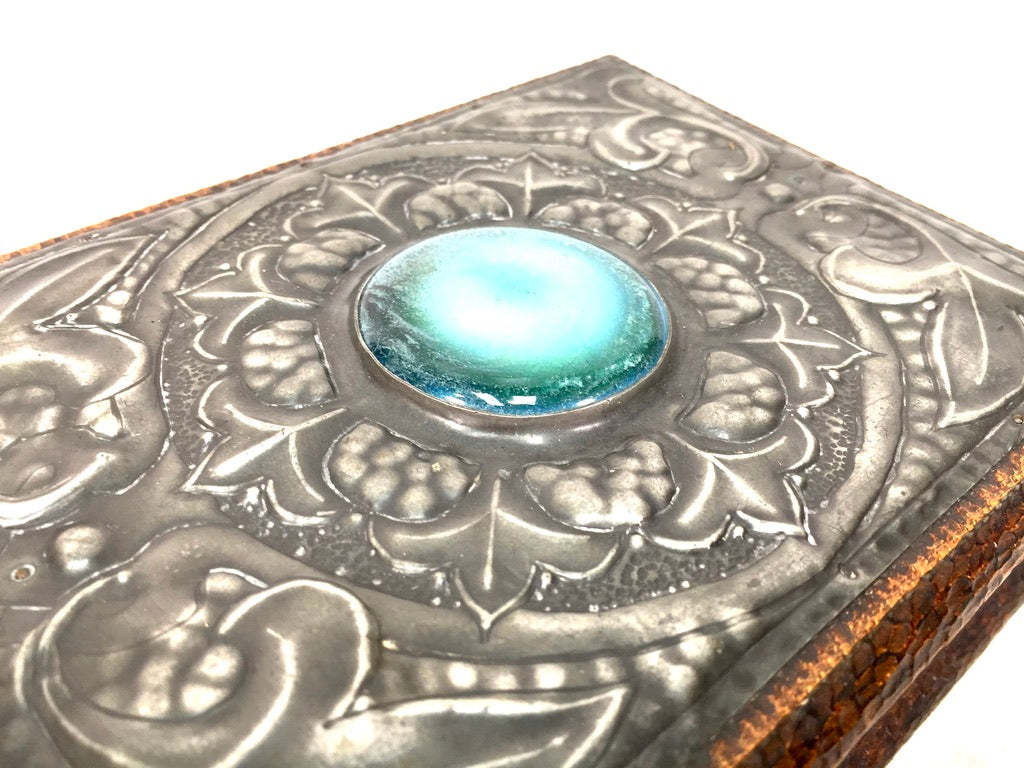Antique Wood & Pewter Storage Box / Trinket Jewellery Box / Blue Cabochon c.1930