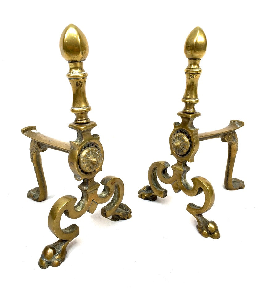Antique Pair of Art Nouveau Brass Fire Dogs / Log Burner / c.1900 / Victorian