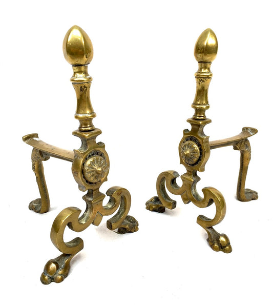 Antique Pair of Art Nouveau Brass Fire Dogs / Log Burner / c.1900 / Victorian