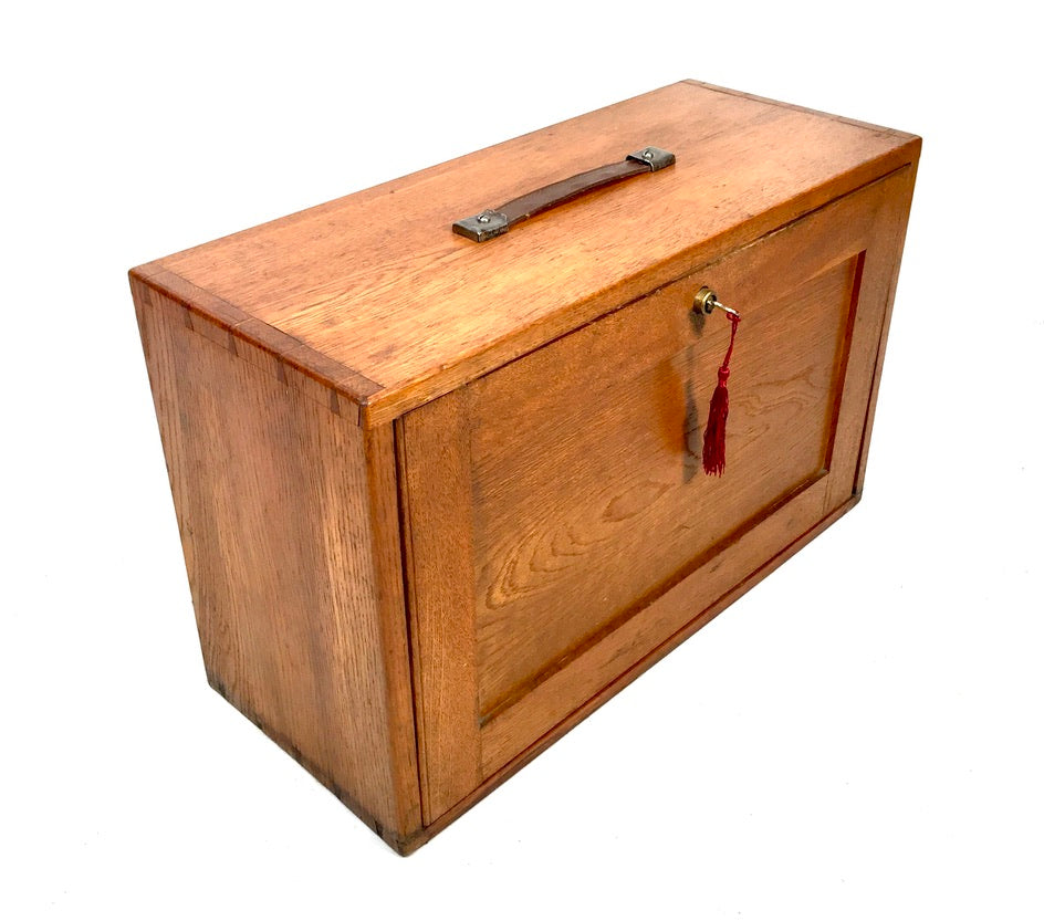 Antique Wooden Oak Engineers Toolbox / Tool Box Collectors Cabinet & Key c.1950