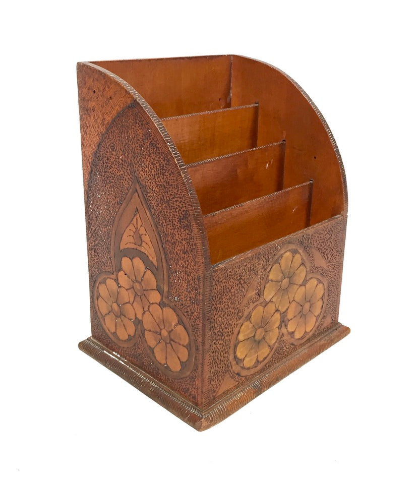 Antique Wooden Desktop Letter Rack / Stationery Holder with Poker Work Design