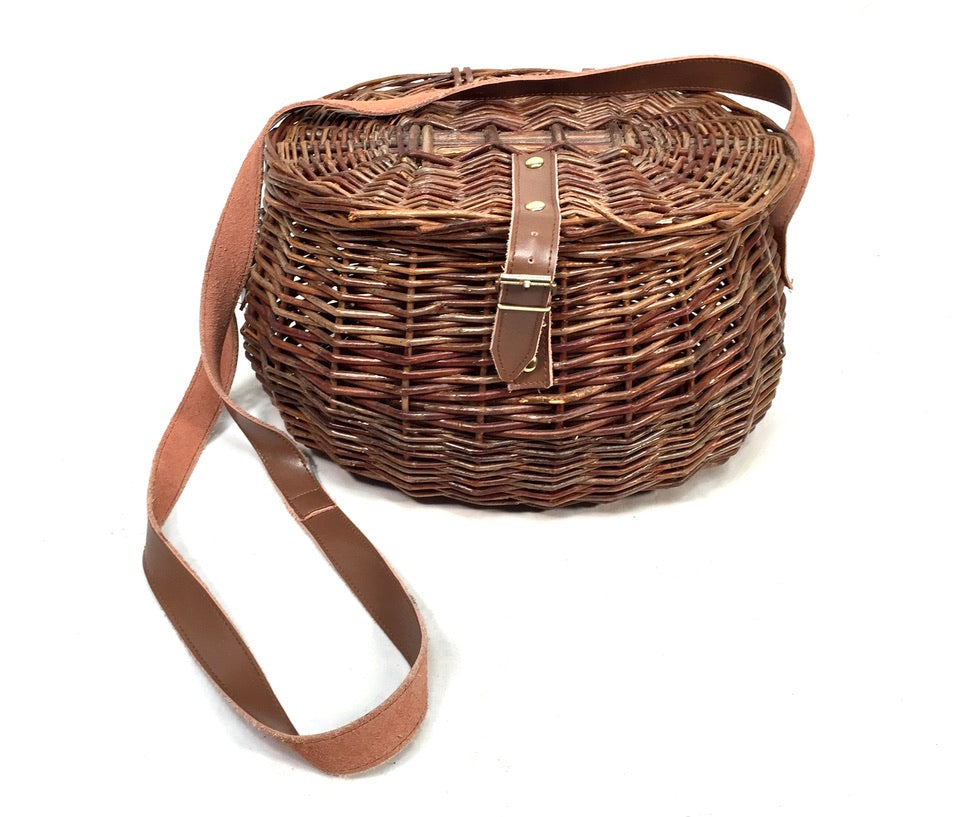 Vintage Wicker Fishing Creel Basket Hamper With Strap / Storage Bin 1960 Antique