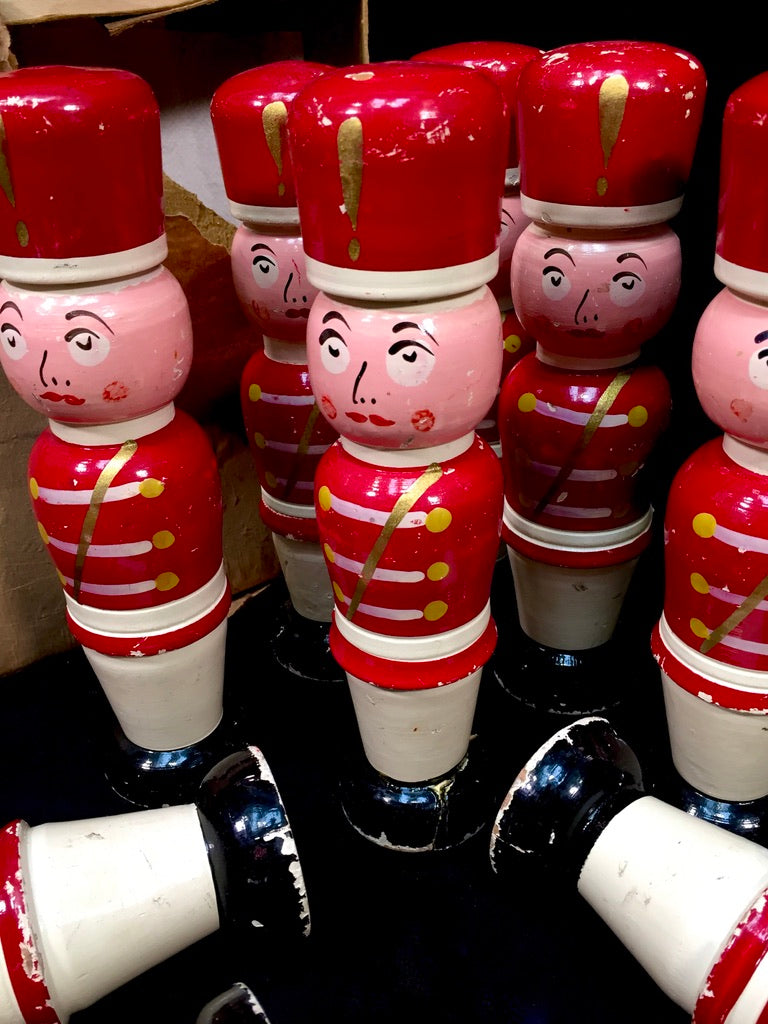 Antique Complete Set French Hand Painted Wooden Soldier Bowling Skittles & Balls