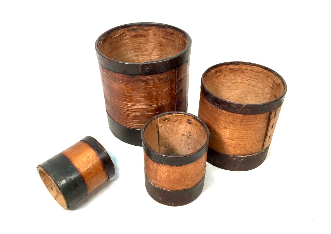 Antique Bentwood & Iron Set of 4 Grain Measuring Pots / Storage Cups c.1890